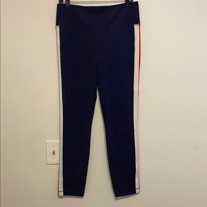 Kinona Navy Leggings with red and white strips, inseam 27, like new